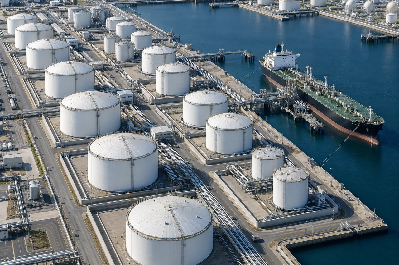 Vista aérea ilustrativa de tanques de almacenamiento junto a una terminal marítima